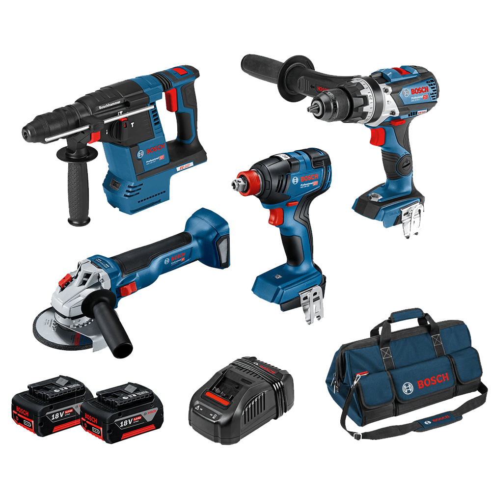 18V 5.0Ah 4Pce Brushless Hammer Drill + Impact Driver/Wrench + Rotary Hammer + Angle Grinder Kit (0615990M19) by Bosch