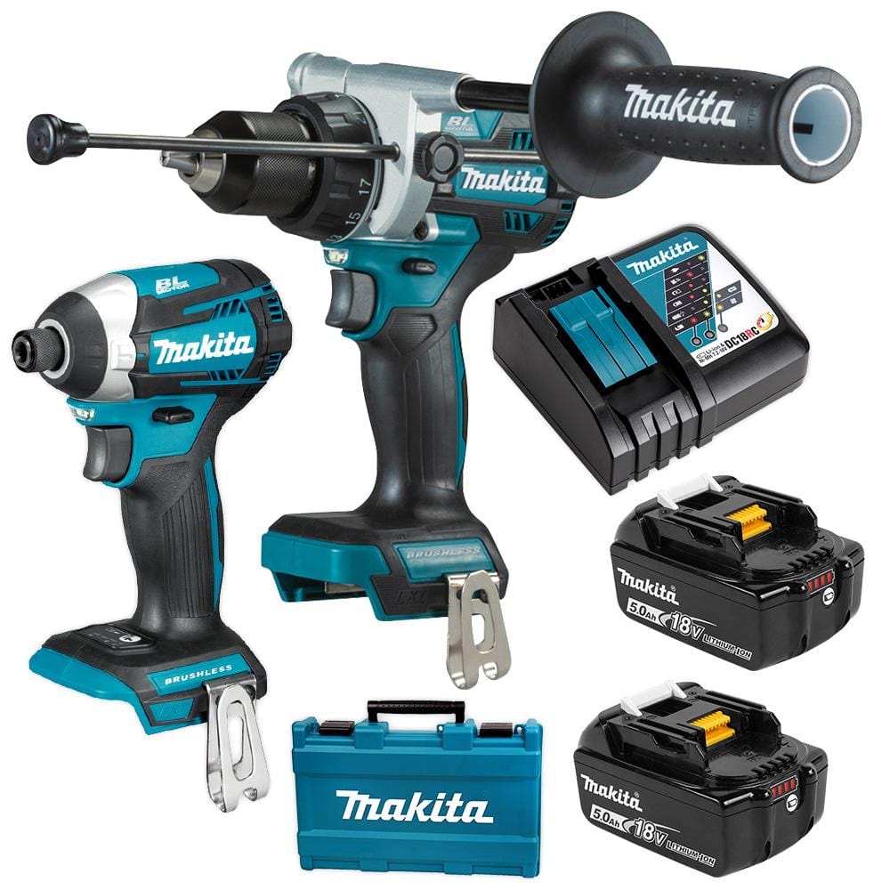 18V 5.0Ah 2Pce Brushless Hammer Driver Drill + Impact Driver Combo Kit DLX2412T-BK9 by Makita