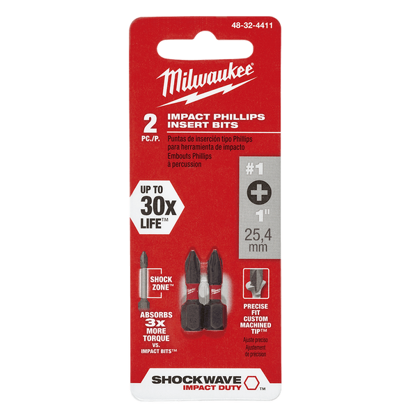 2Pce No. 1 x 25mm Phillips Insert Bit SHOCKWAVE Bit 48324411 by Milwaukee