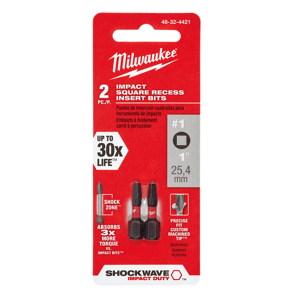 2Pce No. 1 x 25mm Square Impact SHOCKWAVE Bit 48324421 by Milwaukee
