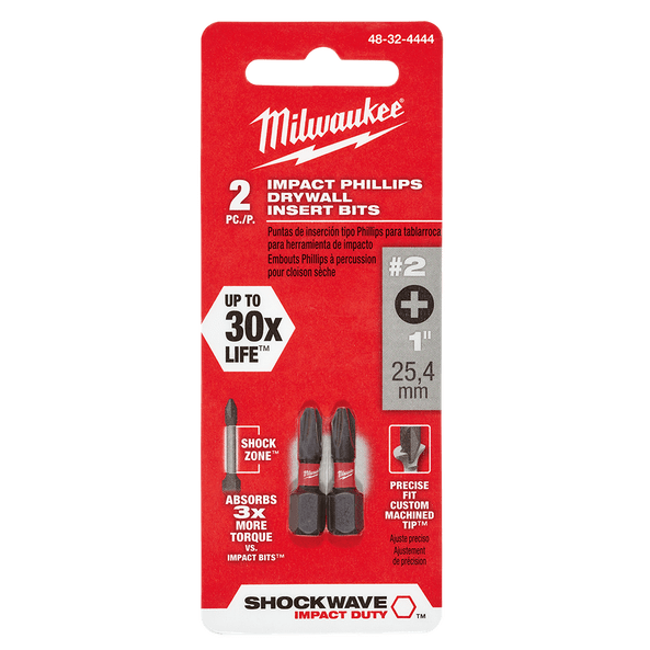 2Pce No. 1 x 25mm Phillips Insert Bit Reduced Diameter SHOCKWAVE Bit 48324444 by Milwaukee
