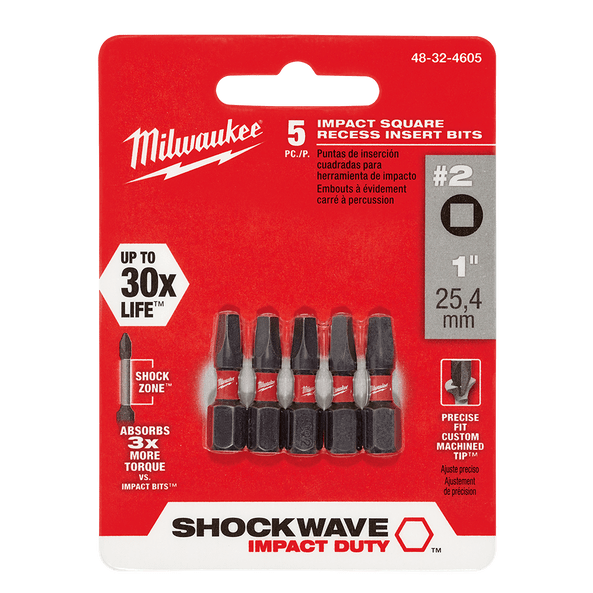 5Pce No. 2 x 25mm Square Recess Impact SHOCKWAVE Bit 48324605 by Milwaukee