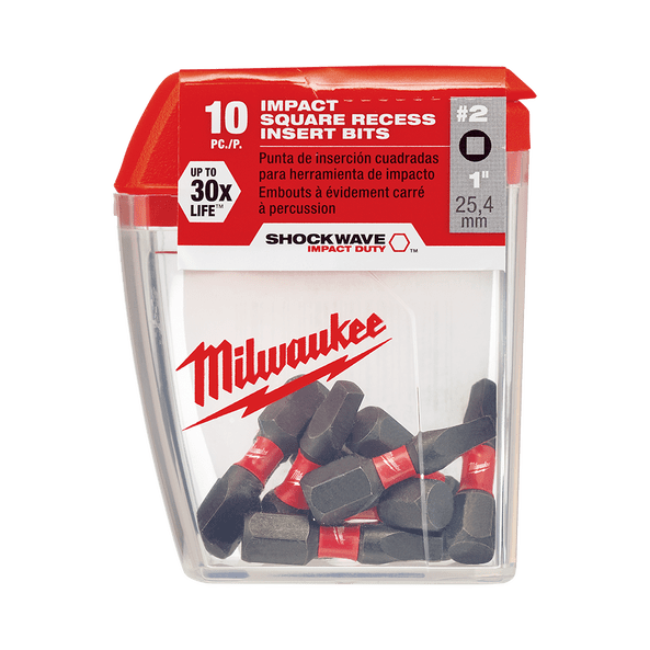 10Pce No. 2 x 25mm Square Recess Impact SHOCKWAVE Bit 48324607 by Milwaukee