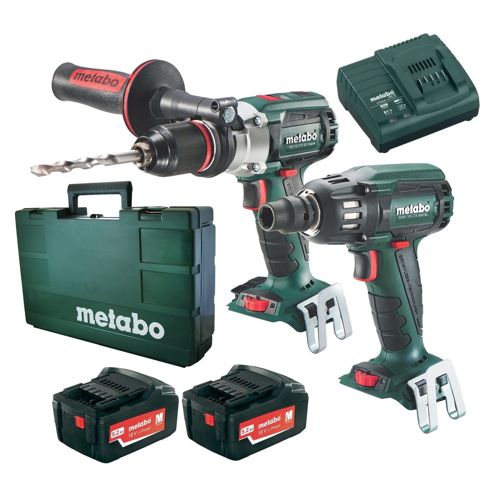 18V 5.2Ah Brushless Hammer Drill + Impact Wrench Kit SBLTXBLI-SSW400BL (AU68901420) by Metabo