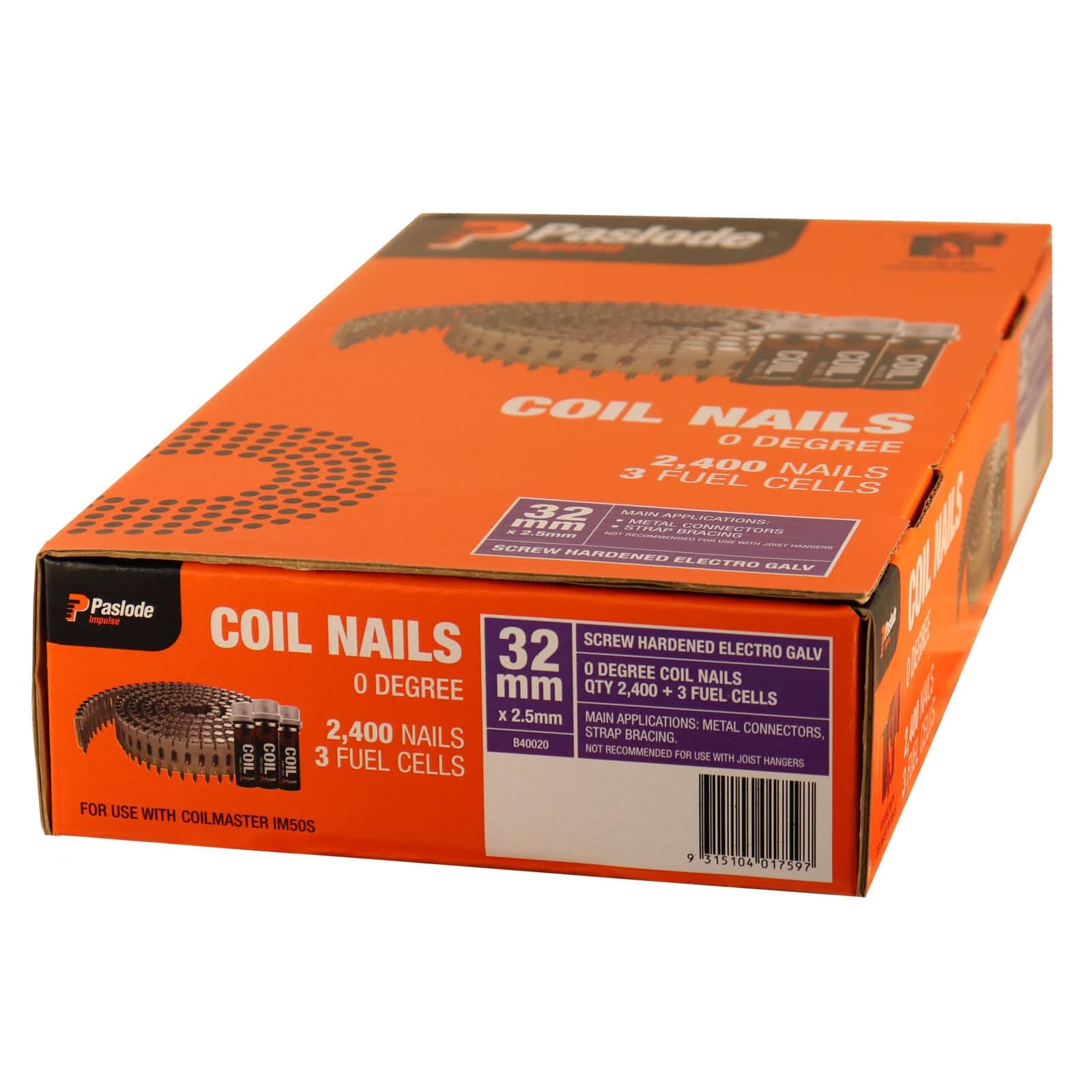 32mm x 2.5mm Coil Nails Galvanised (2400Pce + 3 Fuel Cells) B40020 by Paslode