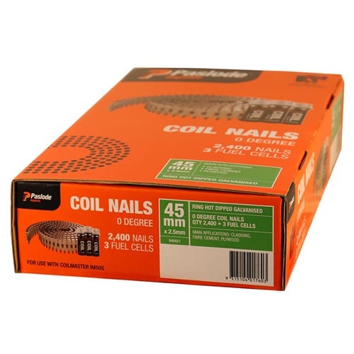45mm x 2.5mm Coil Nails Galvanised (2400Pce + 3 Fuel Cells) B40021 by Paslode