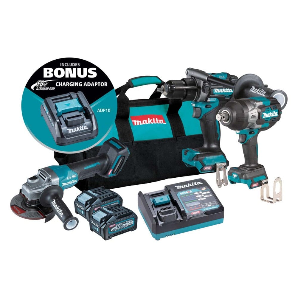3Pce 40V 4.0Ah Brushless Hammer Drill + Impact Wrench + Angle Grinder Kit DK0131G301 by Makita