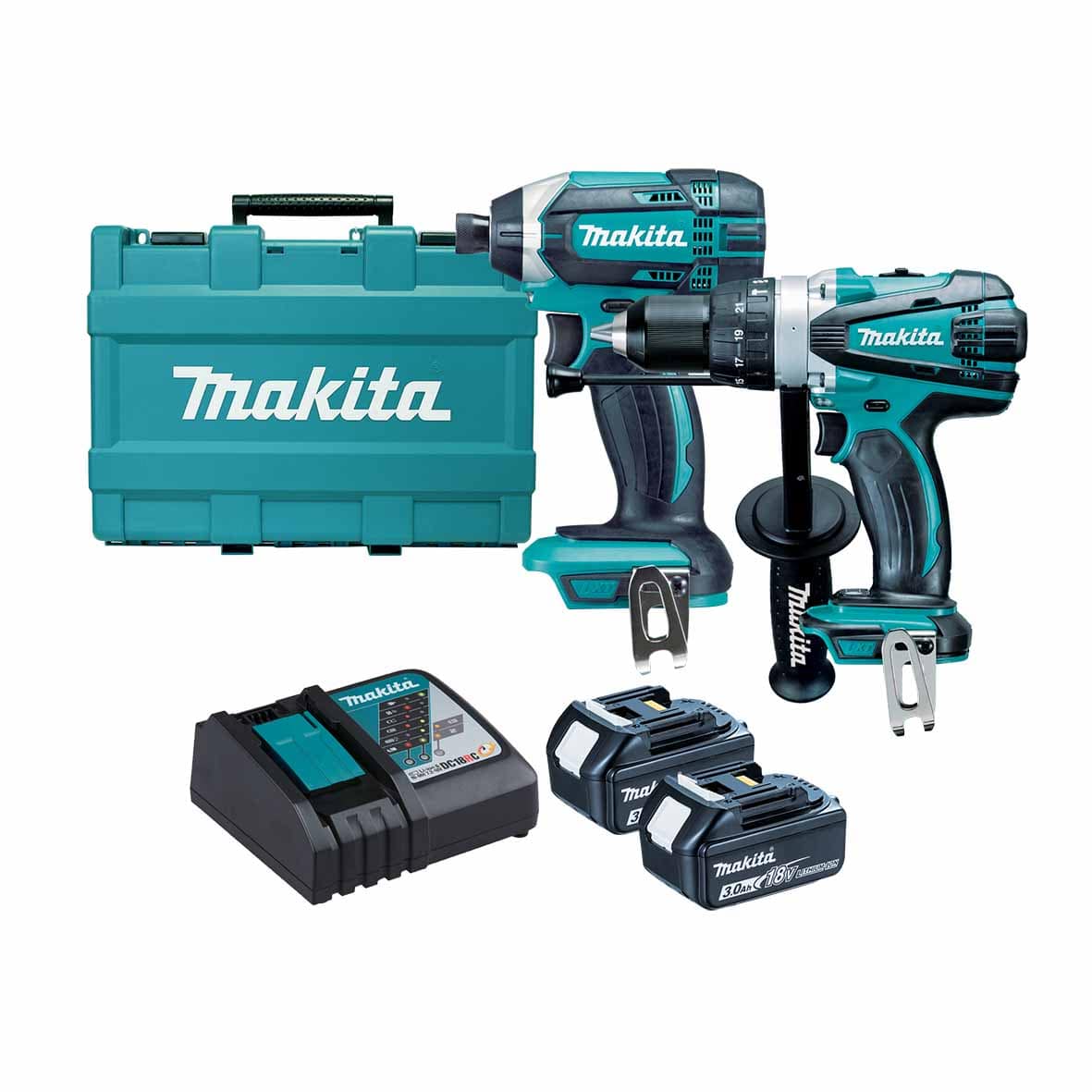 2Pce 18V 3.0Ah Hammer Drill + Impact Driver Kit DLX2145 by Makita