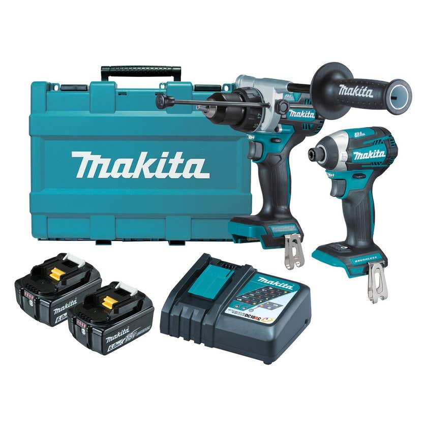 18V 6.0Ah 2Pce Brushless Hammer Driver Drill + Impact Driver Combo Kit DLX2412G-BK9 by Makita