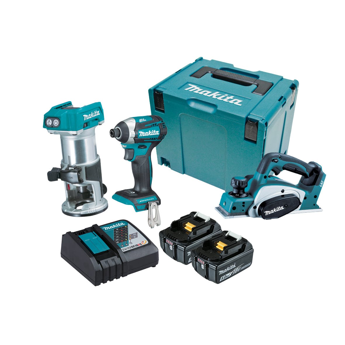 18V 5.0Ah 3Pce Brushless Impact Driver + Laminate Trimmer + Planer Kit DLX3098TJ by Makita