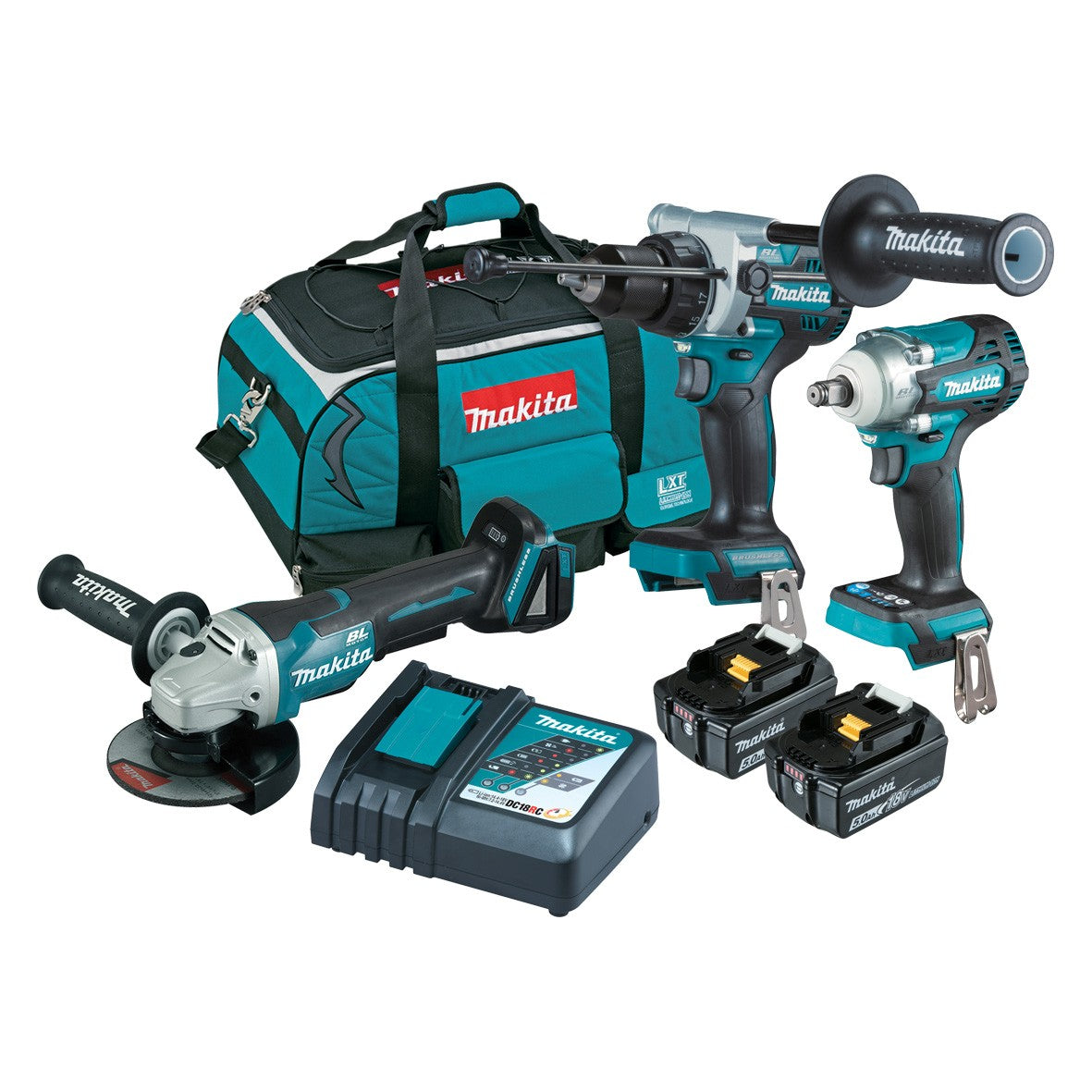 18V 5.0Ah 3Pce Brushless Hammer Drill + Impact Wrench + Angle Grinder Kit DLX3150TX1 by Makita