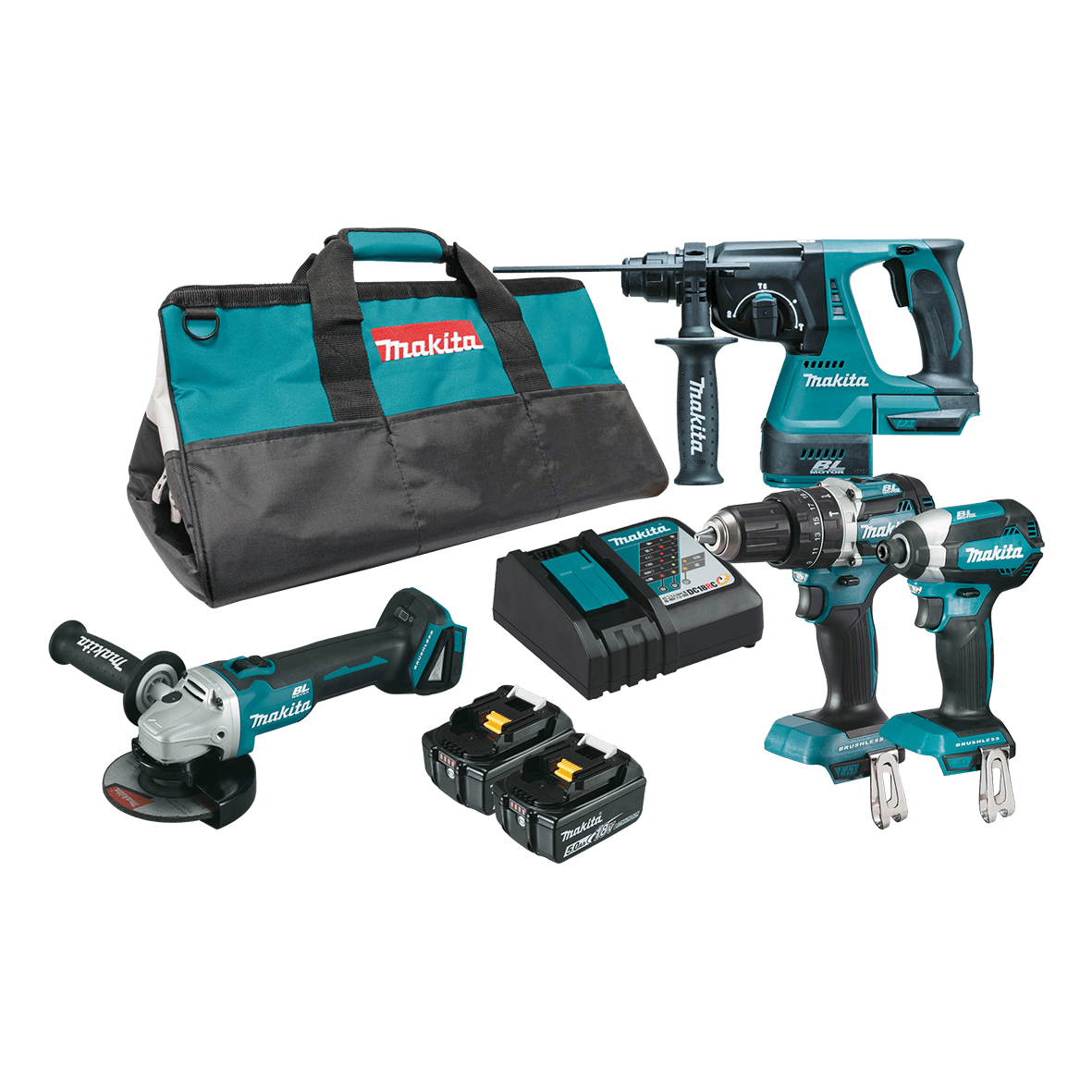 18V 5.0Ah 4Pce Hammer Drill + Impact Driver + Angle Grinder + Rotary Hammer Kit DLX4102T by Makita