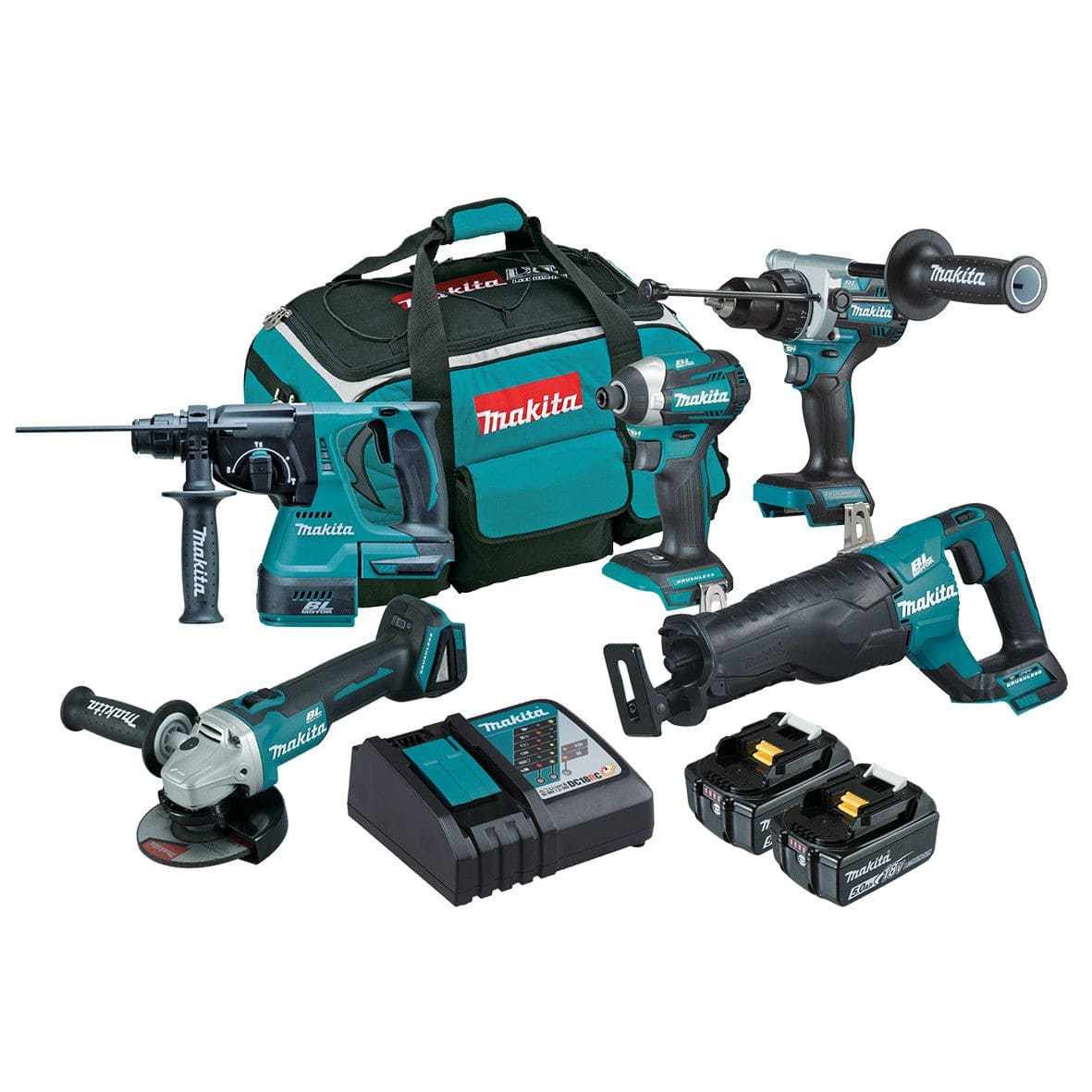 18V 5.0Ah 5Pce Brushless Hammer Drill + Impact Driver + Angle Grinder + Recipro Saw + Rotary Hammer Kit DLX5063TX1 by Makita