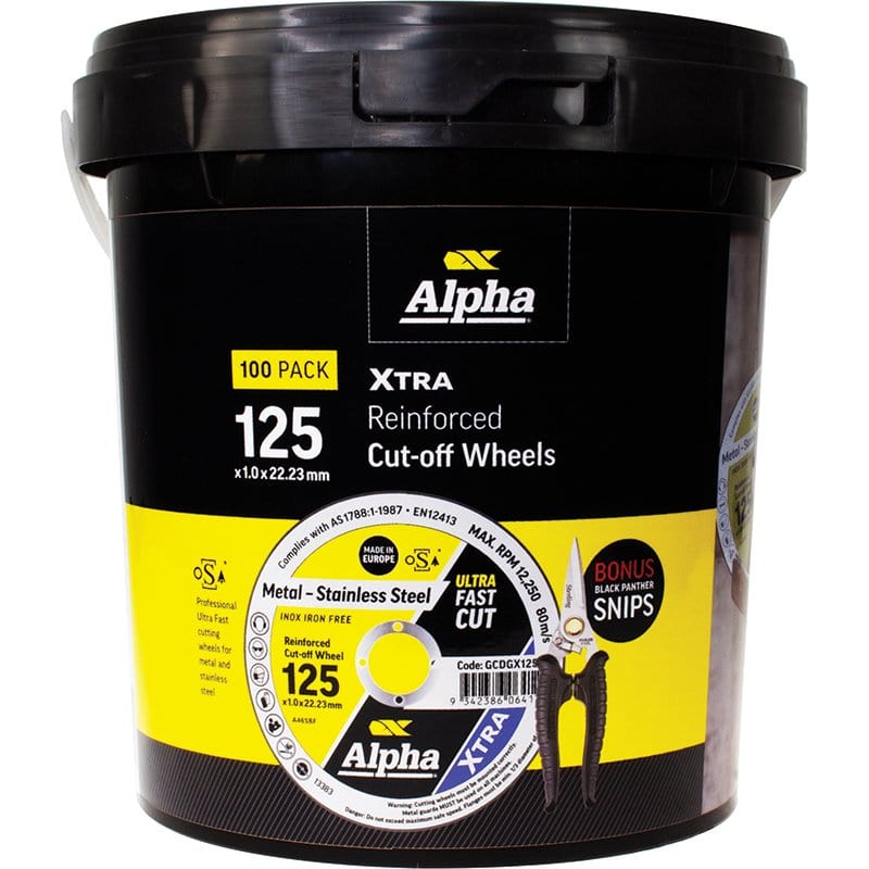 Metal - Stainless Steel Abrasive Cutting Discs 125mm x 1mm Xtra Tub (100Pce) *Bonus Free Panther Snips* GCDGX12510-100BP by Alpha