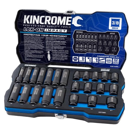 24Pce 3/8" Drive Metric LOK-ON Standard & Deep Impact Socket Set K27080 By Kincrome