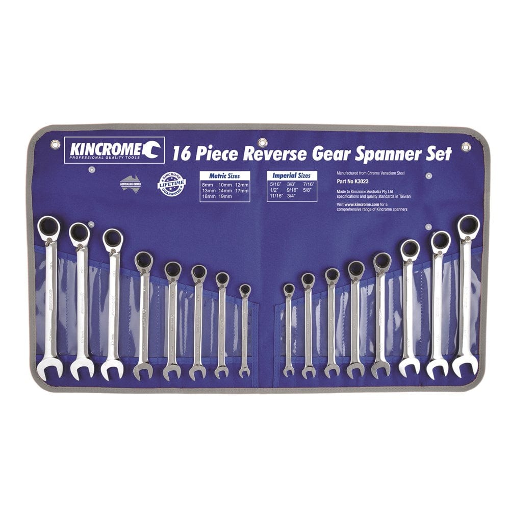 16Pce Combination Gear Spanner Set Imperial & Metric Reversible K3023 by Kincrome