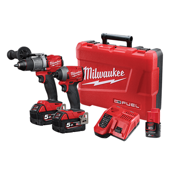 2Pce 18V 5.0Ah Hammer Drill + Impact Driver Kit M18FPP2A2-502C by Milwaukee