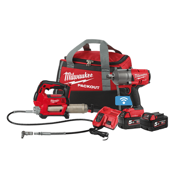 18V 5.0Ah 3/4" High Torque Impact Wrench + Grease Gun Kit M18FPP2F2-502P by Milwaukee