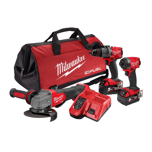 Milwaukee M18 18V 3Pce 5.0Ah Combo Kit Hammer Drill + Hex Impact Driver + Angle Grinder with Deadman Paddle Switch M18FPP3A3502B