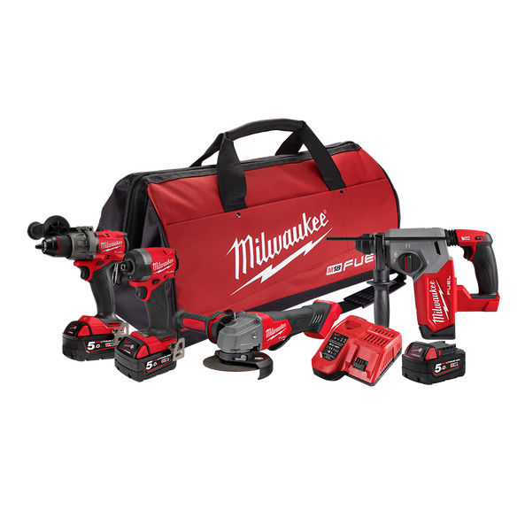 4Pce 18V 5.0Ah FUEL™ Hammer Drill + Hex Impact Driver + Angle Grinder + Rotary Hammer Kit M18FPP4A3503B by Milwaukee