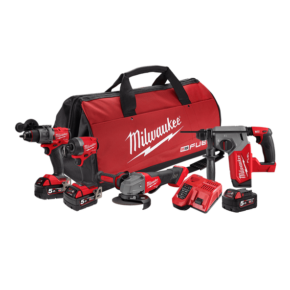 4Pce 18V 5.0Ah FUEL™ Hammer Drill + Hex Impact Driver + Angle Grinder + Rotary Hammer Kit M18FPP4A3503B by Milwaukee