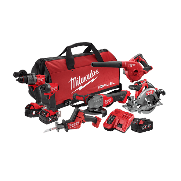 6Pce 18V 5.0Ah FUEL™ Hammer Drill + Hex Impact Driver + Angle Grinder + Recip Saw + Circular Saw + Blower Kit M18FPP6A3503B by Milwaukee