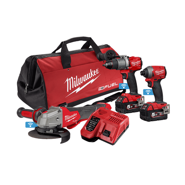3Pce 18V 5.0Ah FUEL ONE-KEY Hammer Drill + Impact Driver + Angle Grinder Kit M18ONEPP3A2502B by Milwaukee