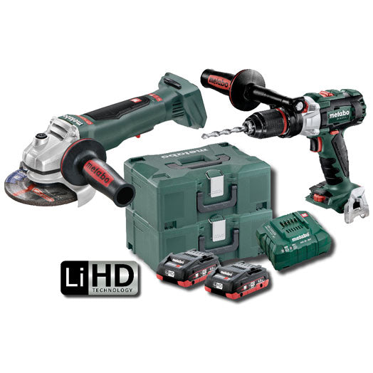 18V 4.0Ah Hammer Drill + Paddle Switch Grinder Kit SBWPB125BLMHD4.0 by Metabo