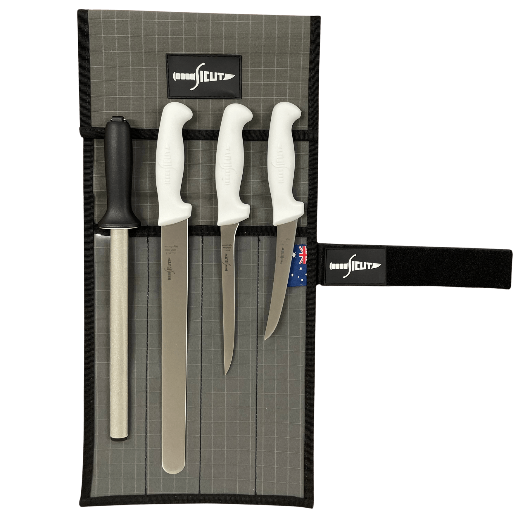 Sicut Diamond Fisherman Package White Handle Knife Set SCKPFMDMW | 4Pce