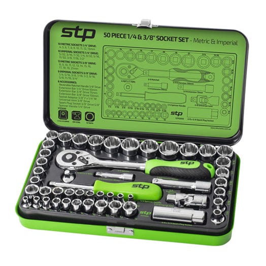 50Pce 1/4 + 3/8 Drive Socket Set Metric + Imperial STP2050 by Supatool