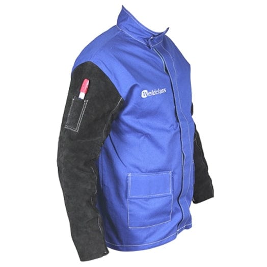 Cotton Welding Jacket with Leather Sleeves PROMAX BLUE FR by Weldclass