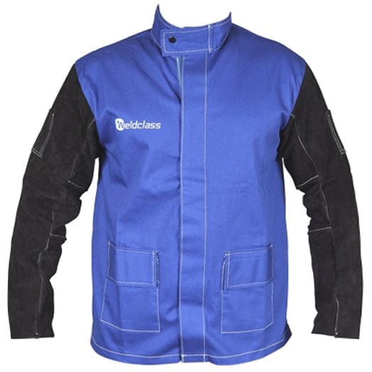 Cotton Welding Jacket with Leather Sleeves PROMAX BLUE FR by Weldclass