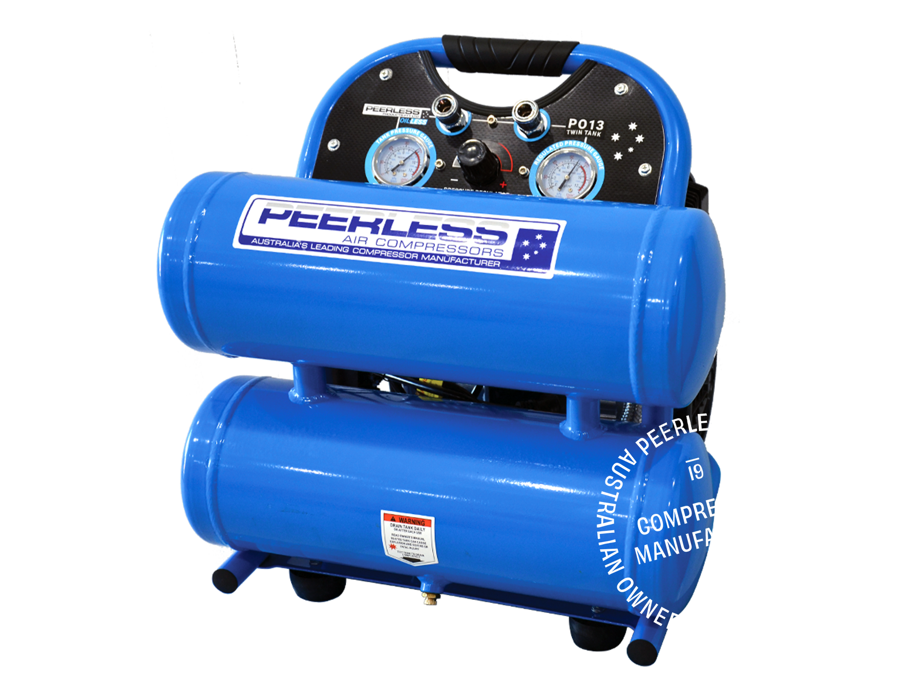 Peerless Single Phase Oilless Direct Drive 10Amp 2HP 175LPM 18L Twin Tank Air Compressor 00593 (PO13TT)