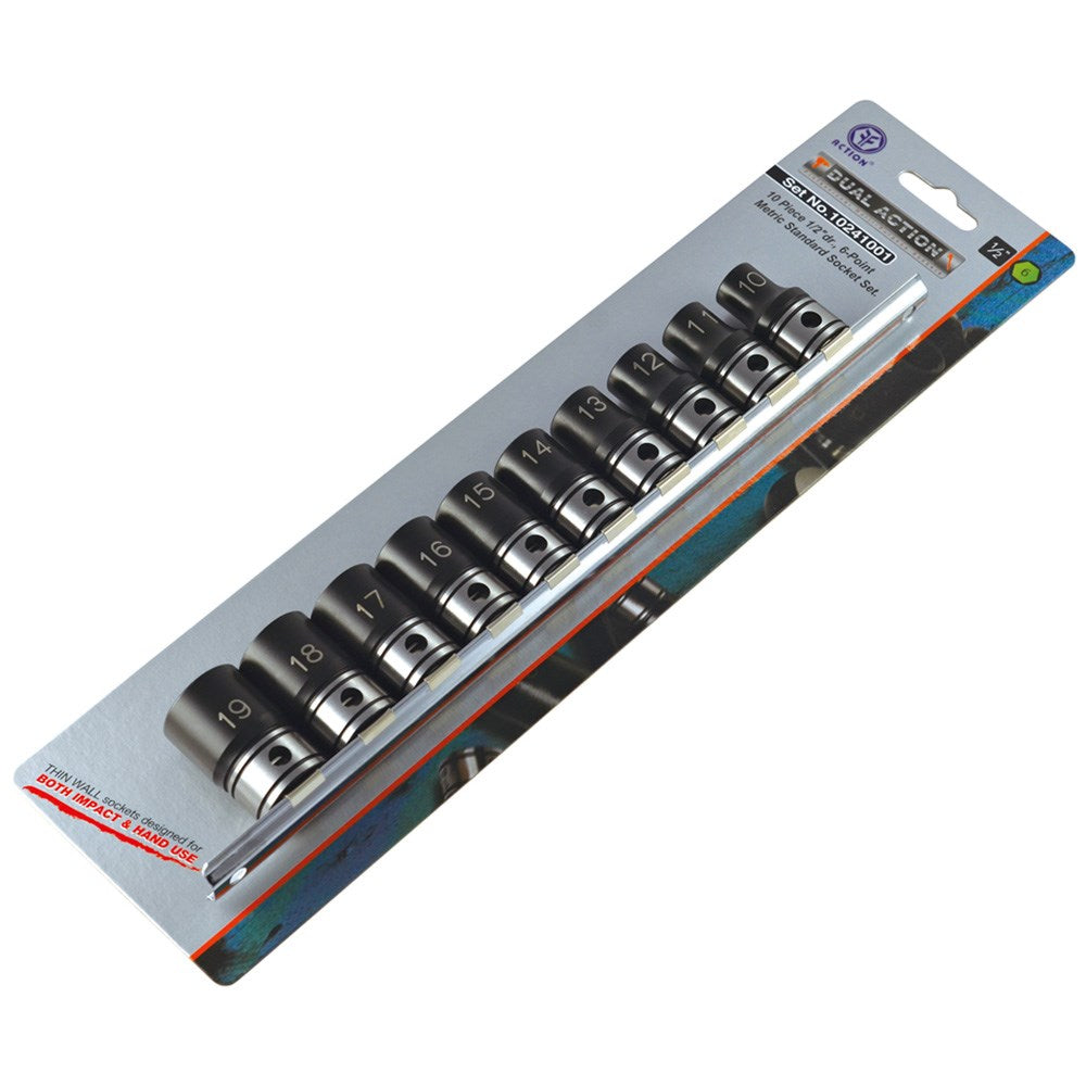 Action 10Pce 10-19mm 1/2" Drive 6 Point Metric Standard Socket Set 10241001