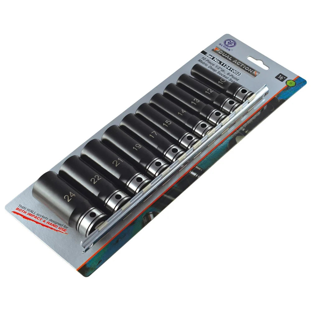 Action 10Pce 10-24mm 1/2" Drive 6 Point Metric Deep Socket Set 11241002