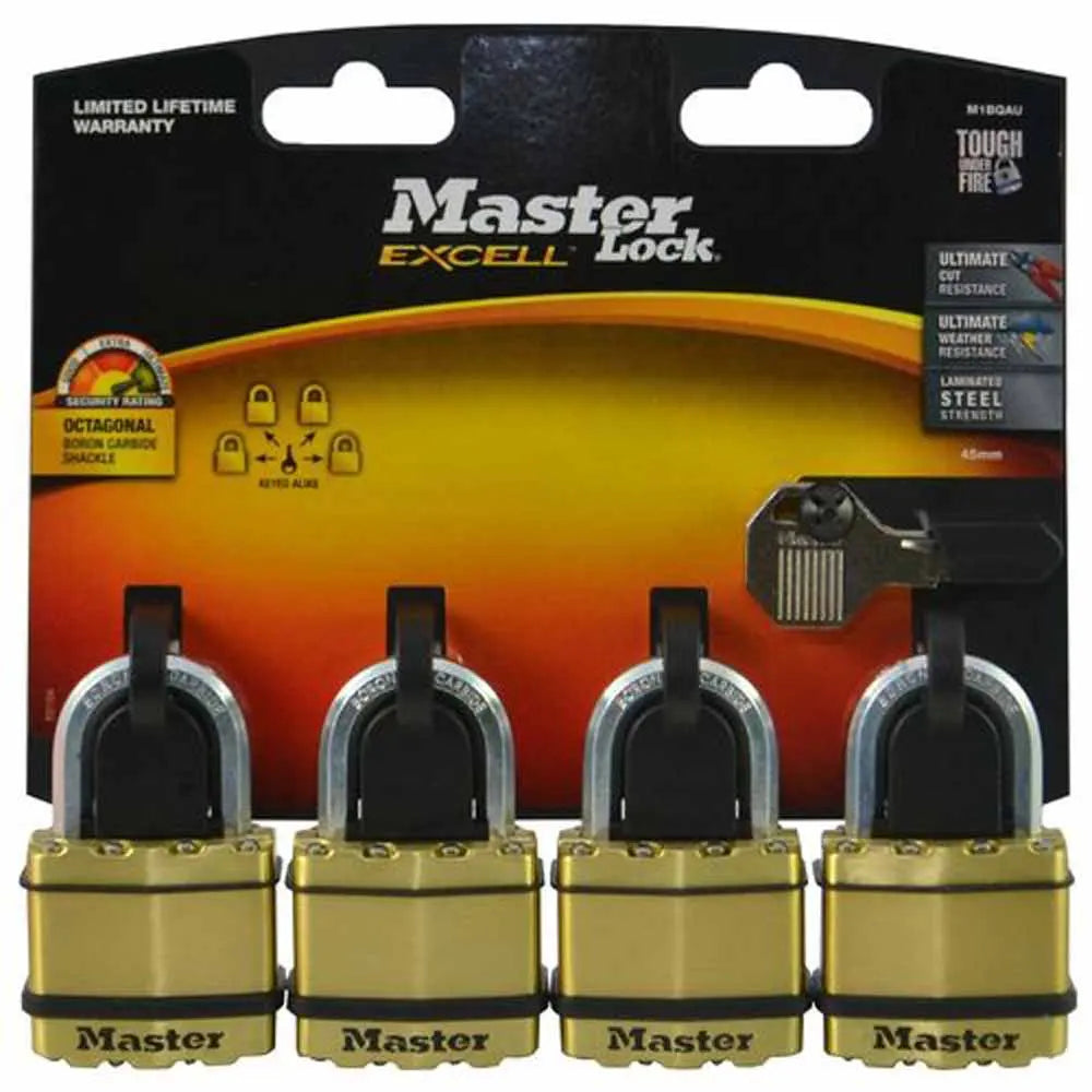Master Lock 45mm Excell Brass Covered Laminated Steel Padlock With 25mm Shackle M1BQAU | 4 Pack