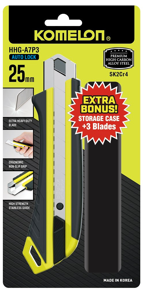 Snap-Off Knife Hi-Vis Non-Slip Grip 25mm Plus Bonus 3 Blades/Case - HHG-A7P3 by Komelon