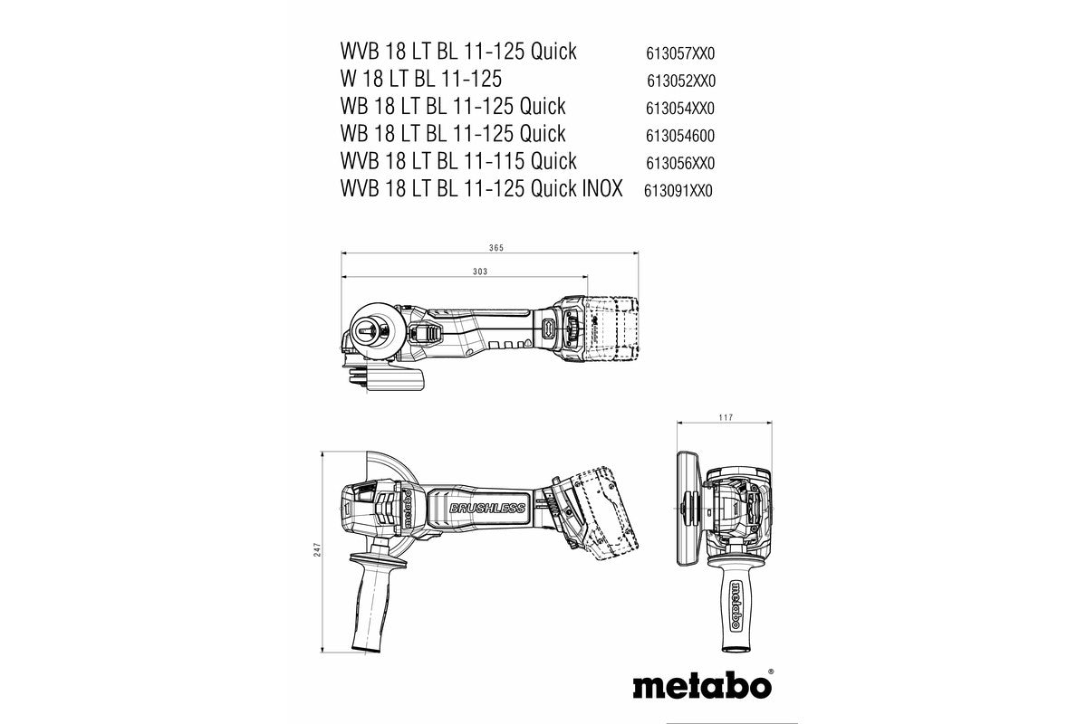 18V Cordless 125mm (5") Brushless Angle Grinder WB 18 LT BL 11-125 Quick (613054850) by Metabo