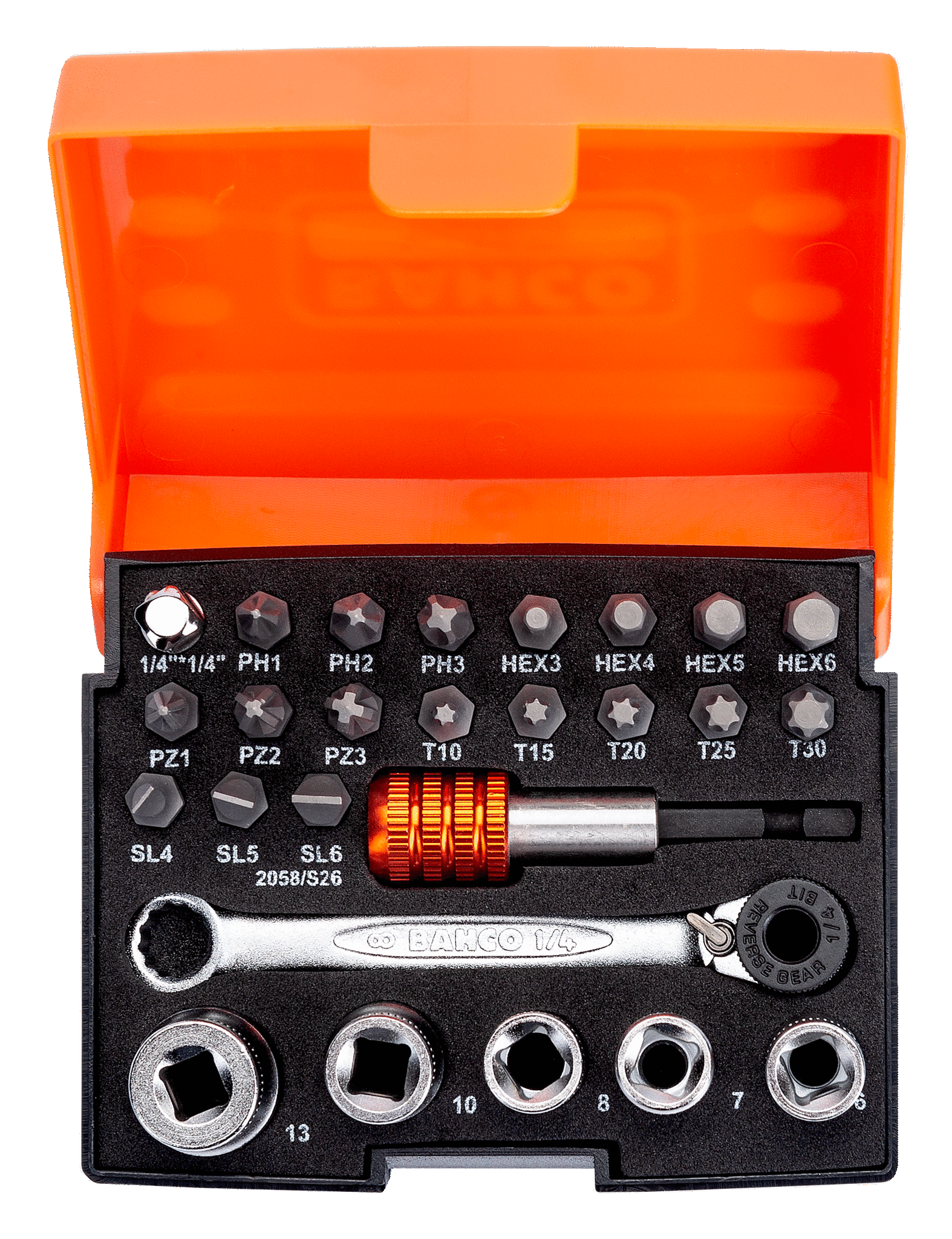 1/4" Standard Bit and Socket Set for Slotted/Phillips/Pozidriv/TORX®/Hex Head Screw 26 Pcs - 2058/S26 by Bahco