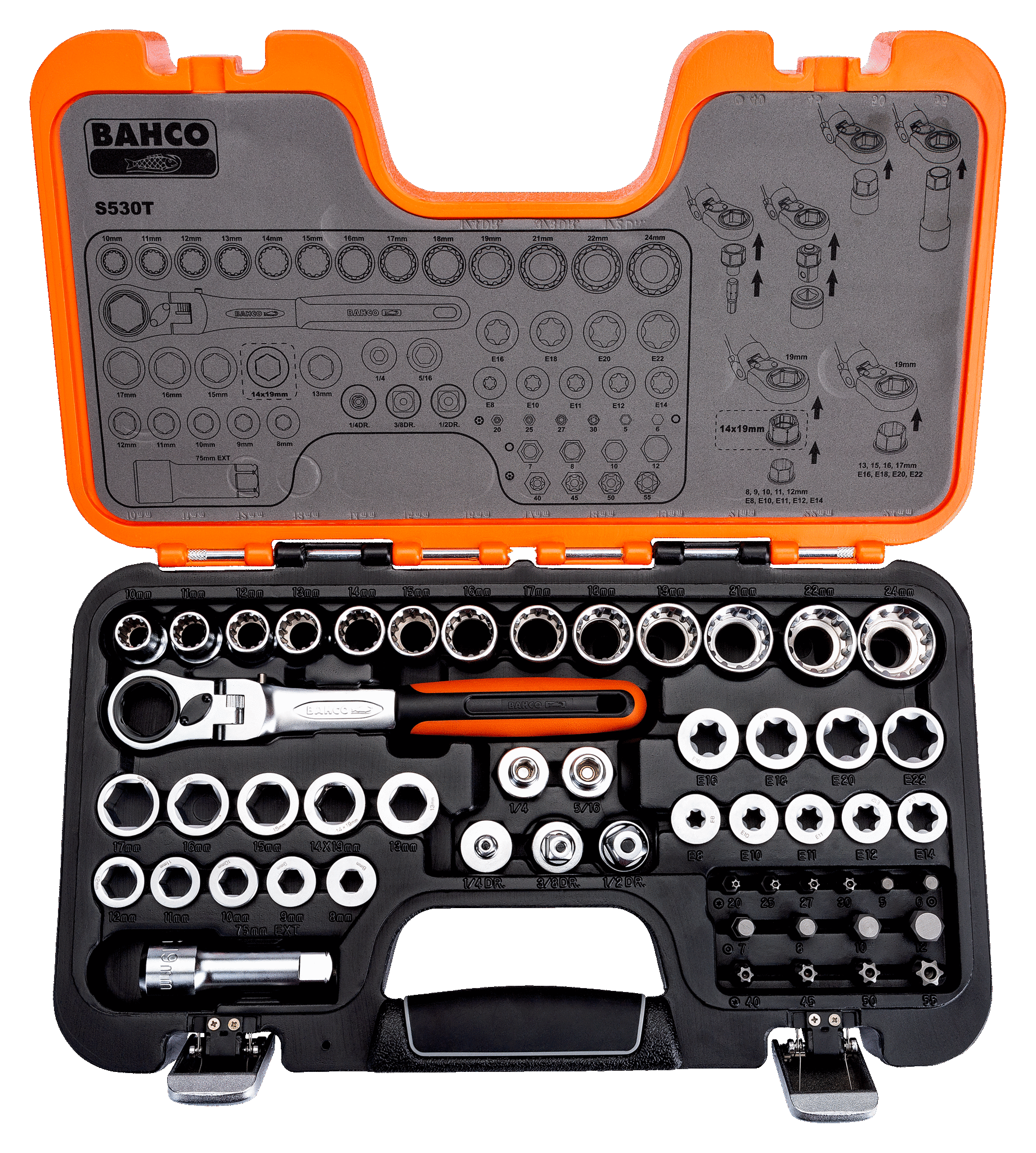 Pass-Through Socket Set with Flexi Head Ratchet/Adaptors - S530T by Bahco