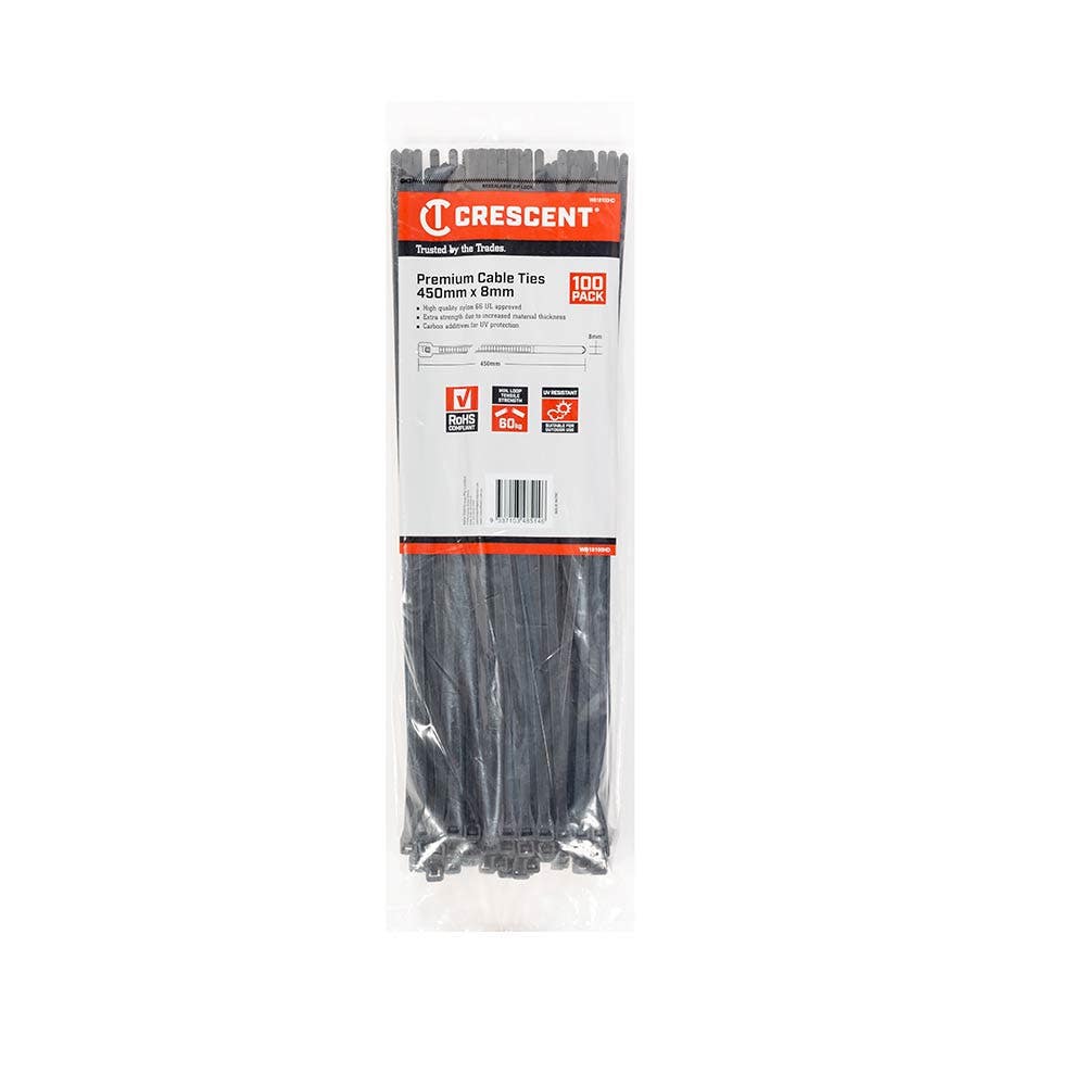 450mm x 7.6mm Heavy Duty Black Cable Ties, 100 Pack - WB18100HD by Crescent