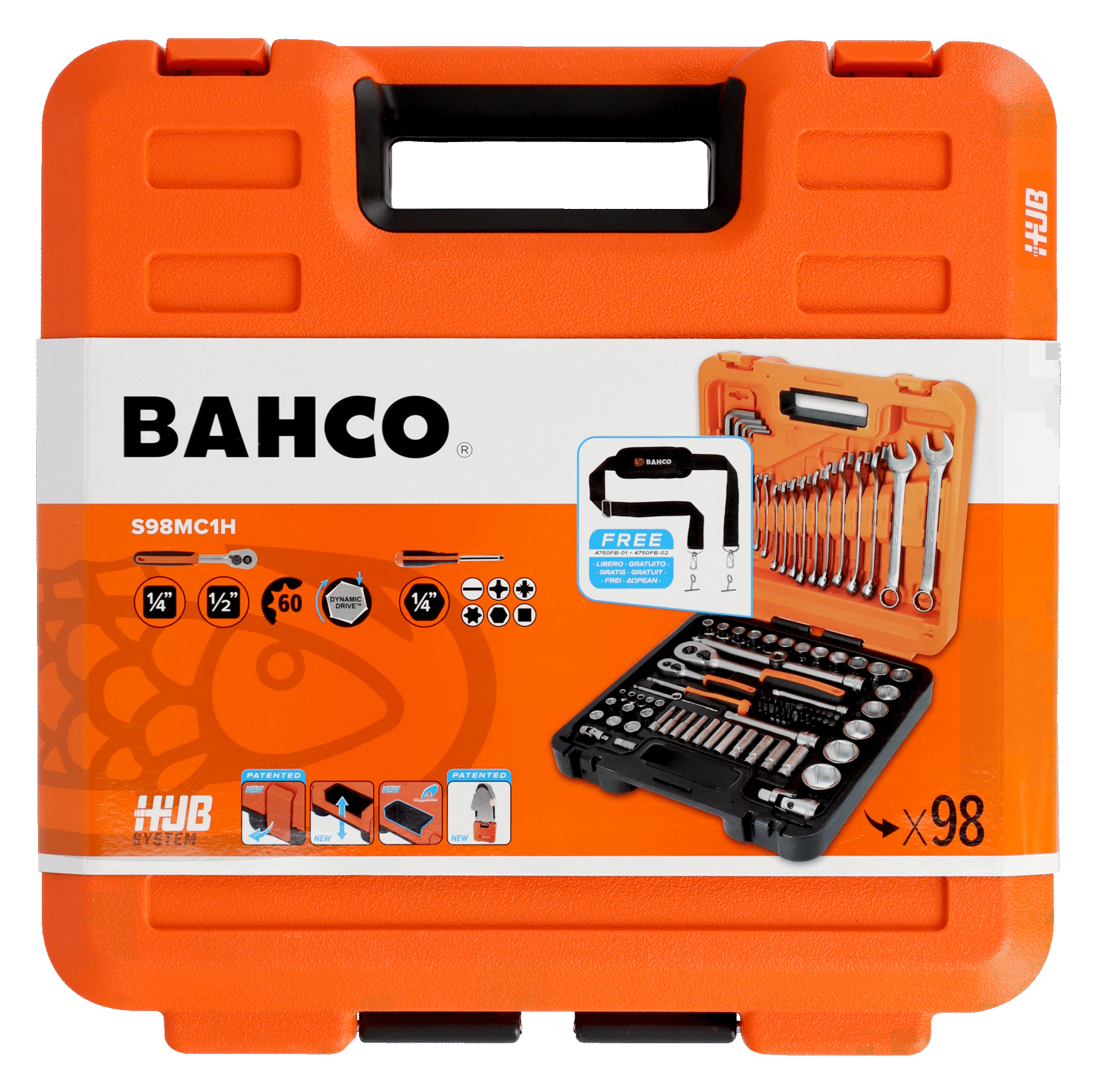 Bahco 98Pce 1/4" and 1/2" Square Drive and Deep Socket Set with Metric Hex Profile, Hex L-Key Set and Combination Spanner Set S98MC1H