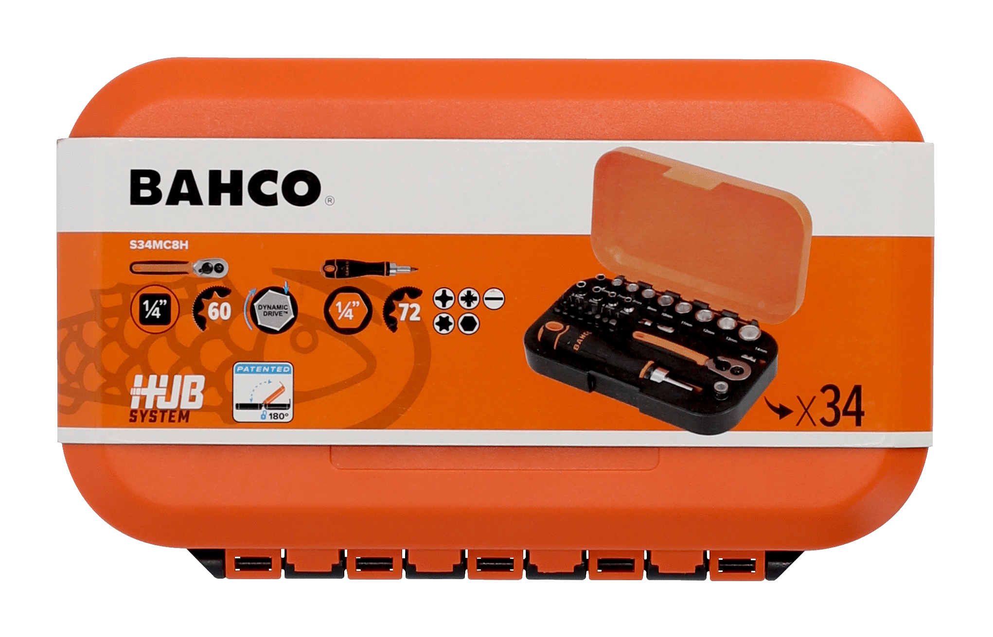 Bahco 34Pce 1/4" Square Drive Socket and Bit Set with Metric Hex Profile and Ratcheting Bit Holder S34MC8H