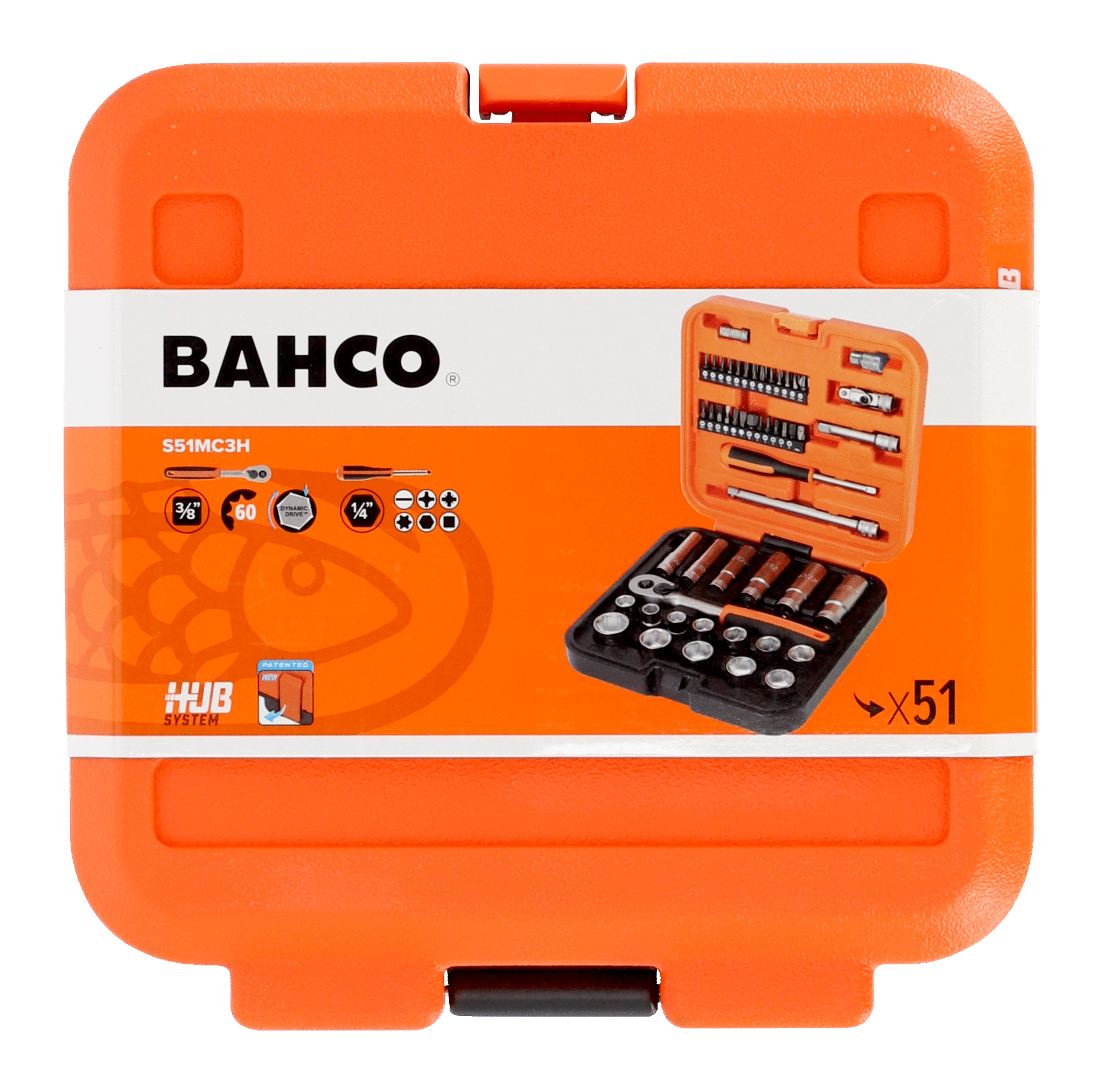 Bahco 51Pce 3/8" Square Drive Standard and Deep Socket Set with Metric Hex Profile and 1/4" Bits S51MC3H