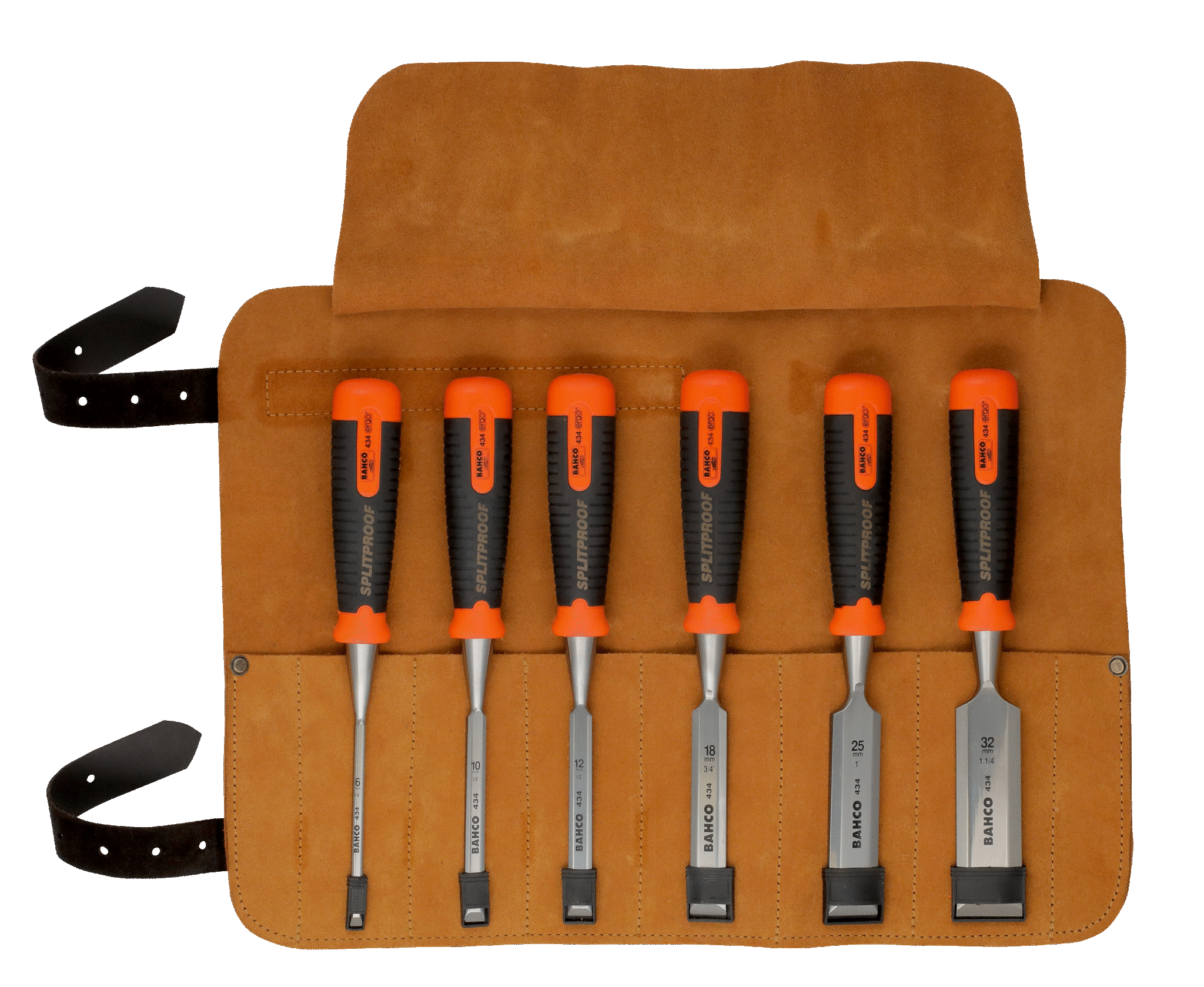 6Pce ERGO™ Splitproof Chisel Set in Leather Roll Pouch 434-S6-LR by Bahco