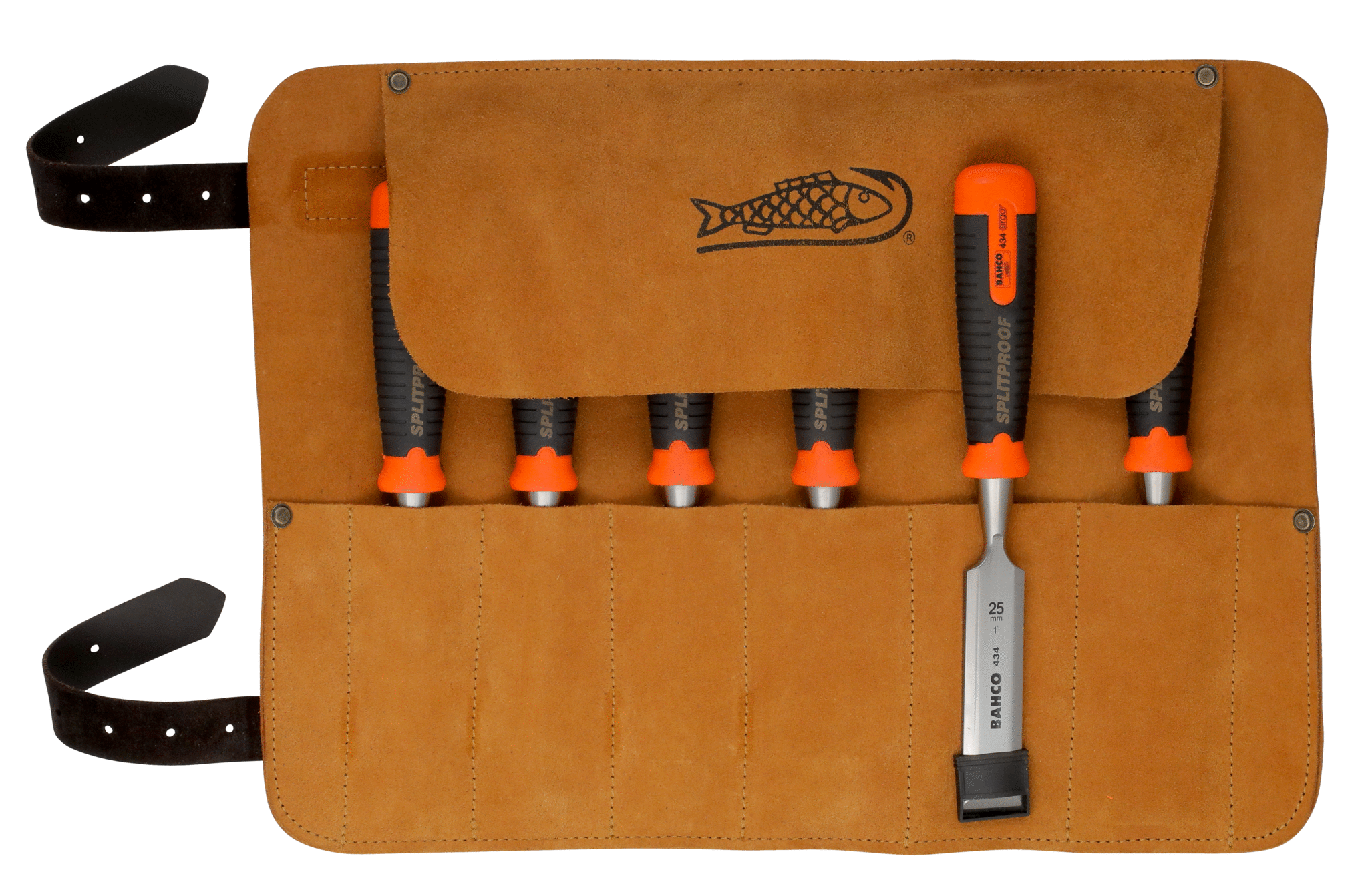 6Pce ERGO™ Splitproof Chisel Set in Leather Roll Pouch 434-S6-LR by Bahco