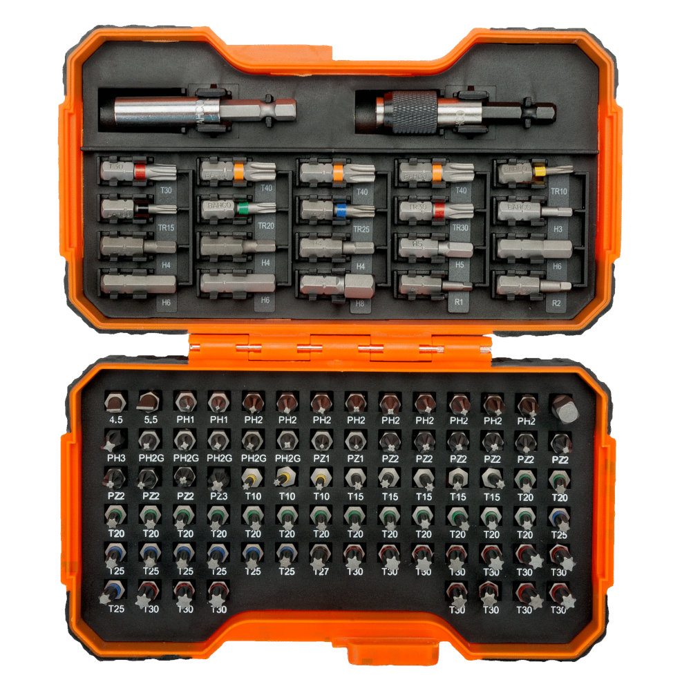 100Pce 1/4" Bit Set for Slotted/Phillips/Pozidriv/Hex/ TORX®/TORX® Tamper/Robertson Screw 59/S100BC by Bahco