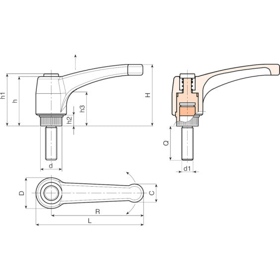 Boteco 'Euromodel' Indexed Clamping Lever With Button & Threaded Stainless Steel Threaded Stud (A583CIN)