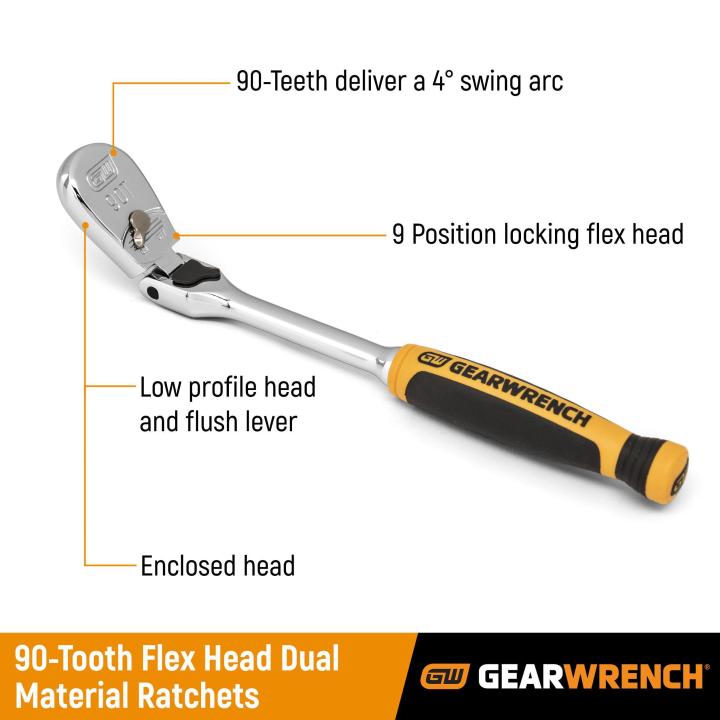 GEARWRENCH 2Pce 1/4” and 3/8” Drive 90-Tooth Dual Material Locking Flex Head Teardrop Ratchet Set 81275T