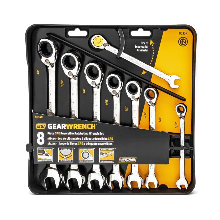 72-Tooth 12 Point Reversible Ratcheting Combination SAE Wrench Set 8Pce - 9533N by Gearwrench